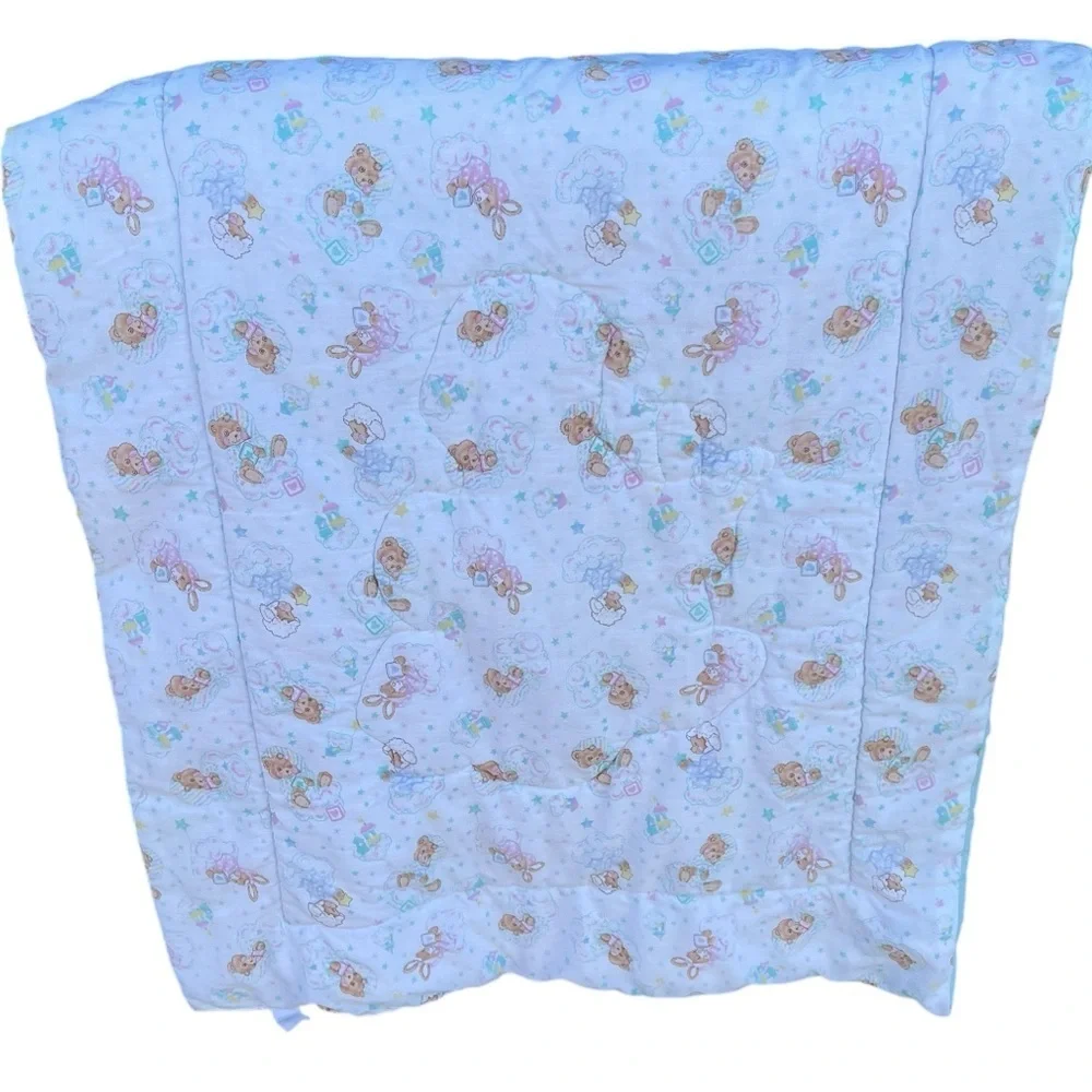 VTG Pastel Beddy Teddy Bear Riegel Quilted Crib Comforter BABY Blocks 31x42 GUC